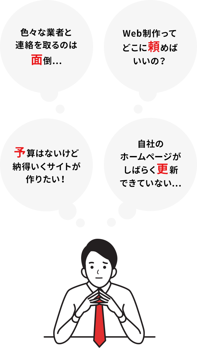 「色々な業者と連絡を取るのは面倒…」「Web制作ってどこに頼めばいいの？」「予算はないけど納得のいくサイトが作りたい！」「自社のホームページがしばらく更新できていない…」